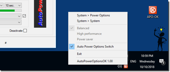 change the auto power options via Tray on Desktop Task-Bar!